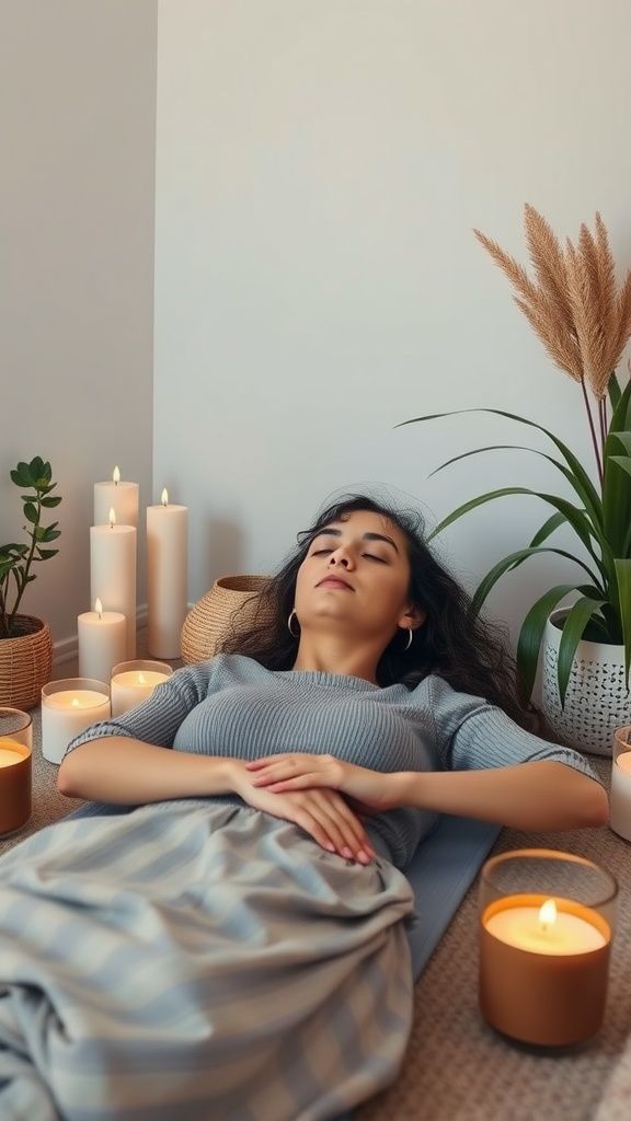 A person relaxing on a mat surrounded by candles and plants, embodying a peaceful atmosphere.