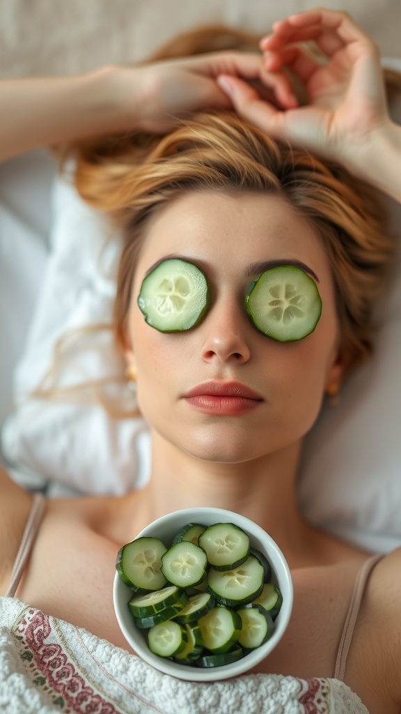 Woman relaxing with cucumber slices over her eyes, while a bowl of cucumber slices is nearby.