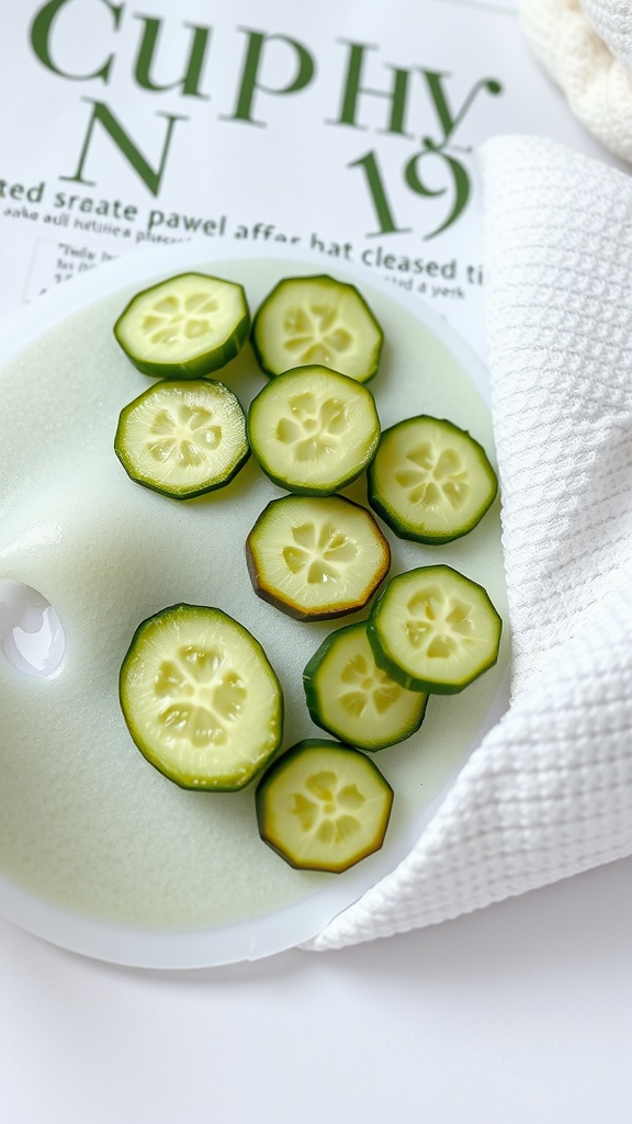 Fresh cucumber slices on a cutting board next to a towel