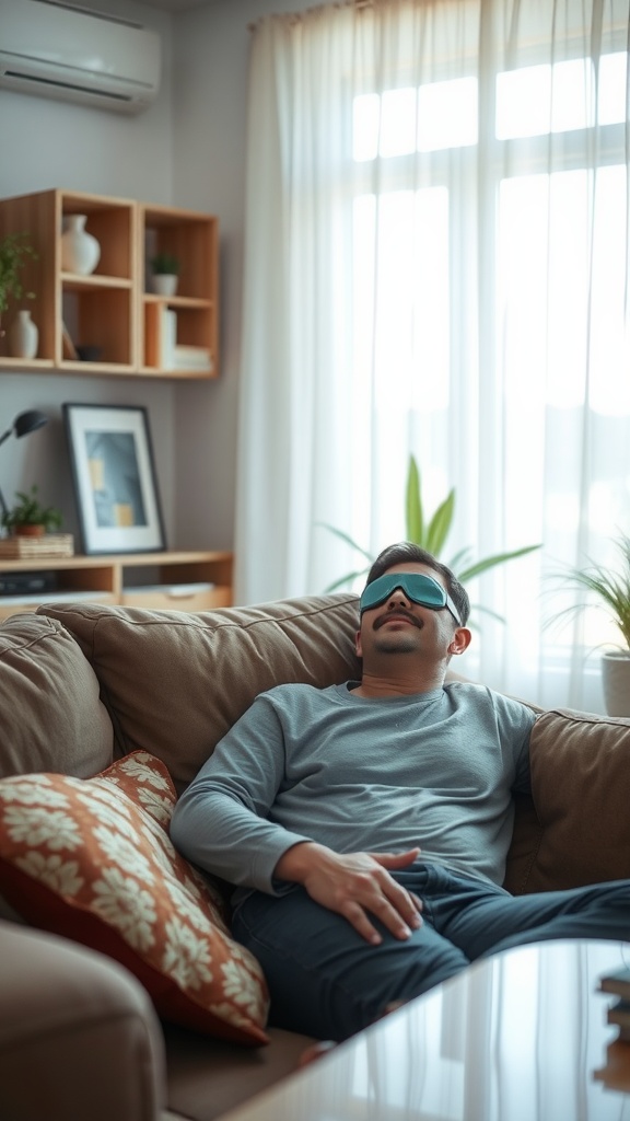 Person relaxing on a couch with cooling eye patches