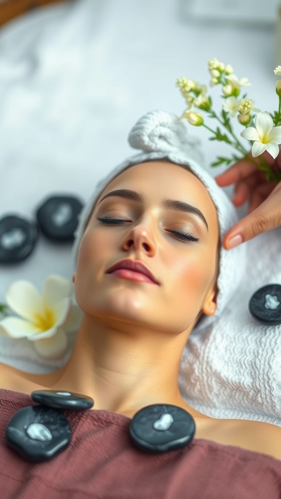 A woman receiving a cooling facial massage with chilled stones, surrounded by flowers and a calming ambiance.