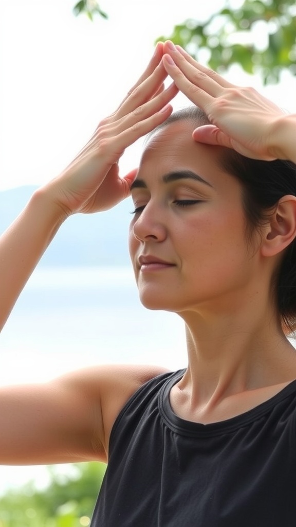 A woman performing the Cooling Forehead Press in a serene outdoor setting, with hands on her forehead and eyes closed.