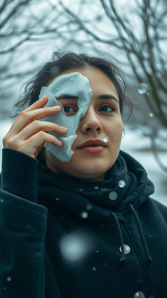 A person applying a cooling facial mask while surrounded by winter scenery.