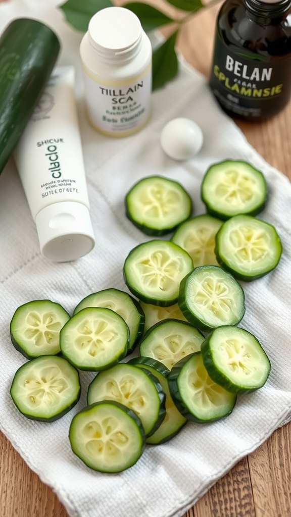 Fresh cucumber slices on a cloth, with skincare products in the background.