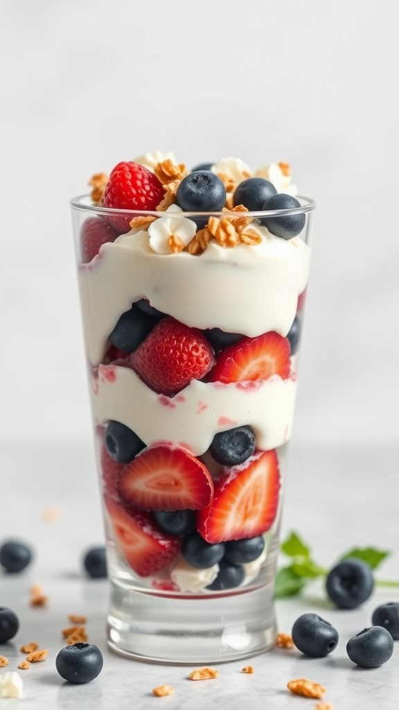 A glass of cottage cheese and berry parfait with layers of cottage cheese, strawberries, blueberries, and topped with granola.