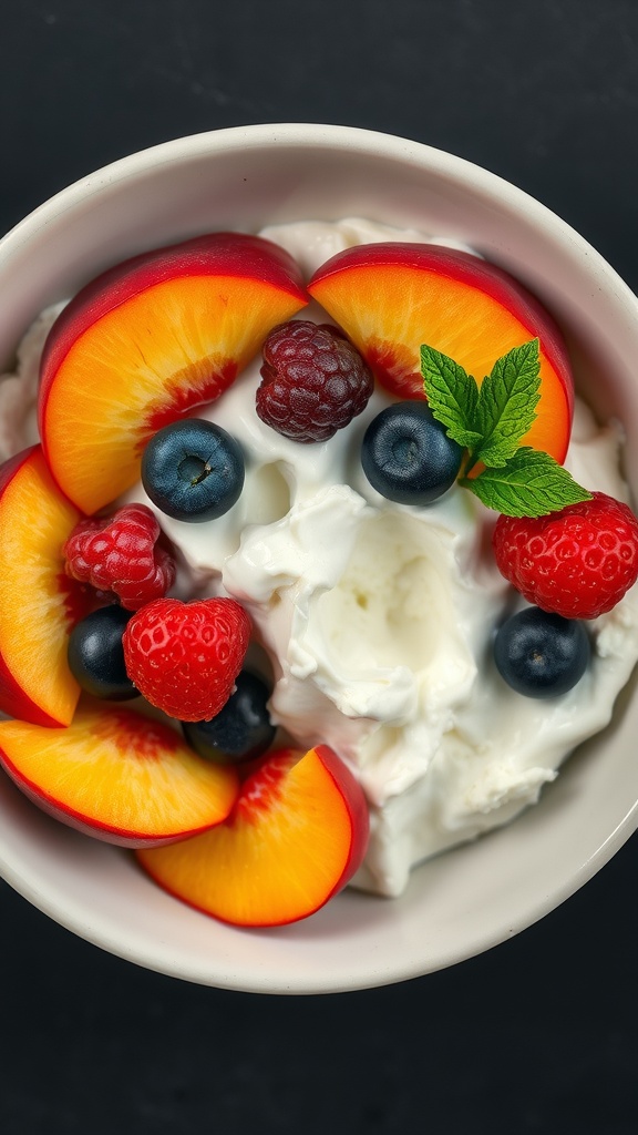 A bowl of cottage cheese topped with peach slices, raspberries, and blueberries, garnished with mint leaves.