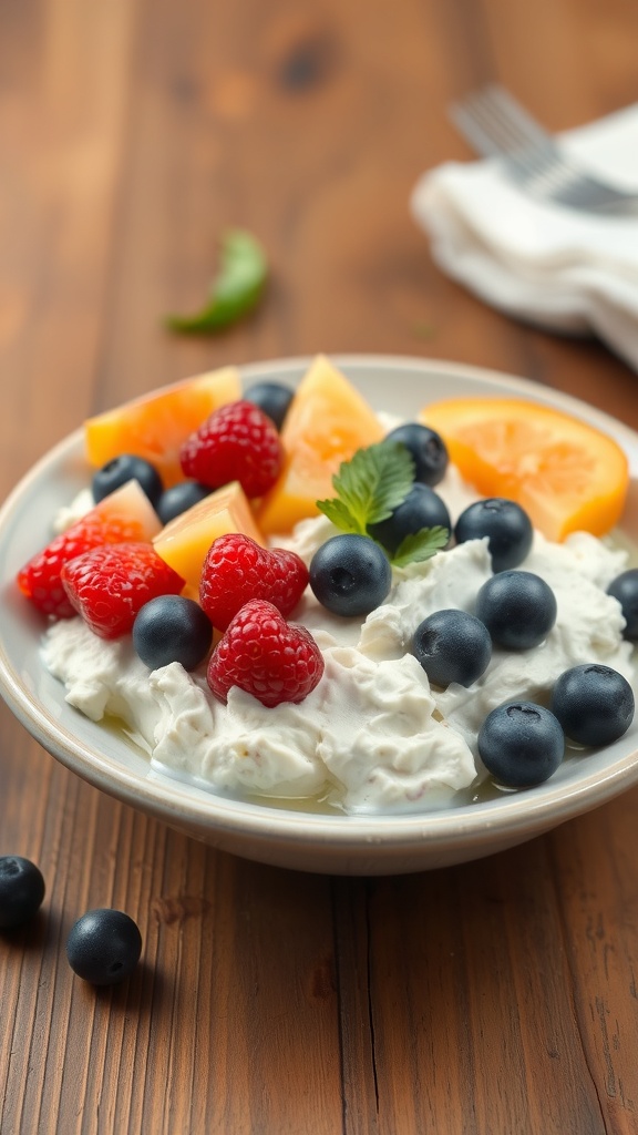 A bowl of cottage cheese topped with strawberries, blueberries, mango, and mint leaves.