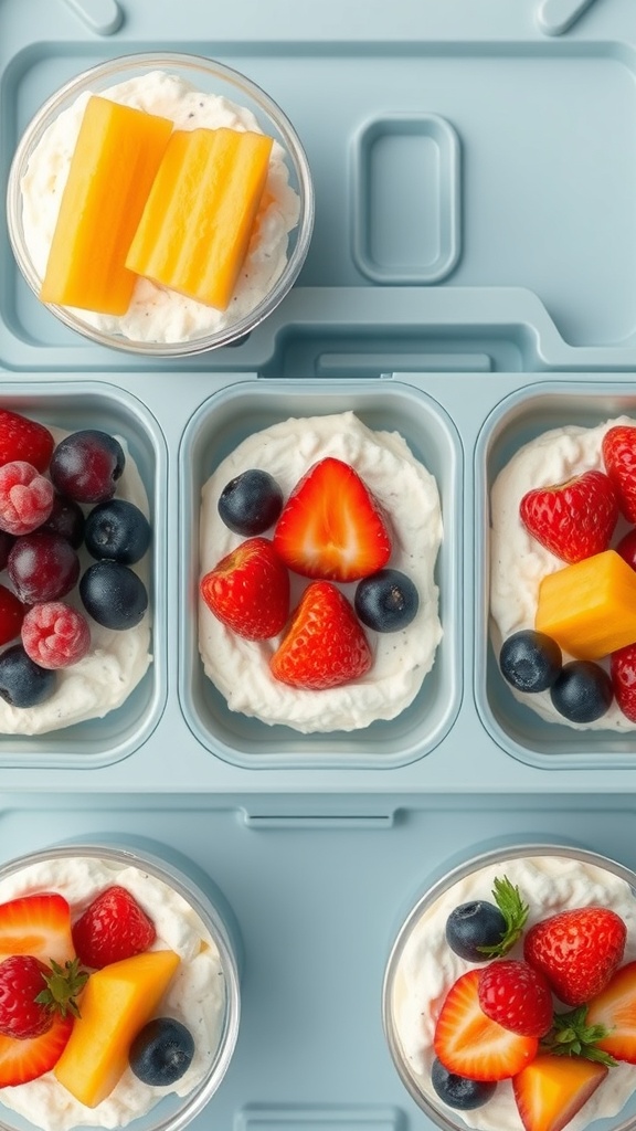 A refreshing cottage cheese and fruit cup with strawberries, blueberries, and mint leaves.