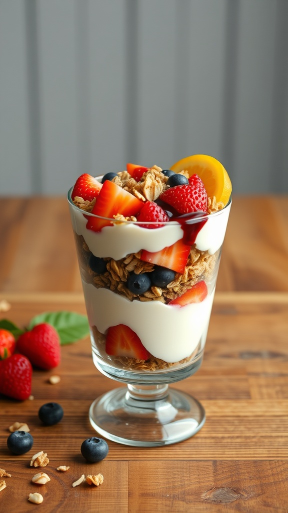 A delicious cottage cheese and fruit parfait with layers of strawberries, blueberries, and granola.