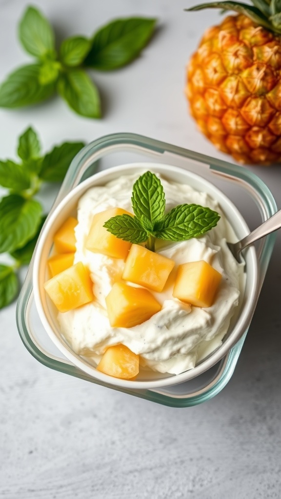 A bowl of cottage cheese topped with pineapple and mint leaves, with a pineapple slice in the background.