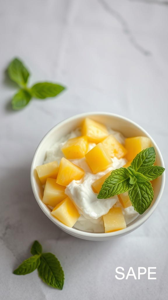 A bowl of cottage cheese topped with pineapple chunks and garnished with mint leaves.