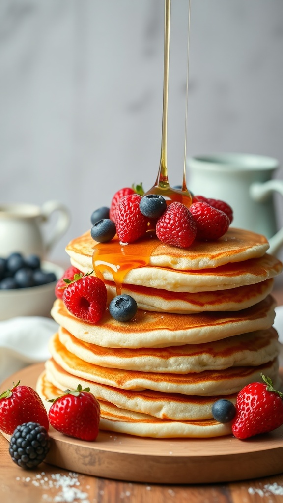 Fluffy cottage cheese pancakes topped with mixed berries and syrup.