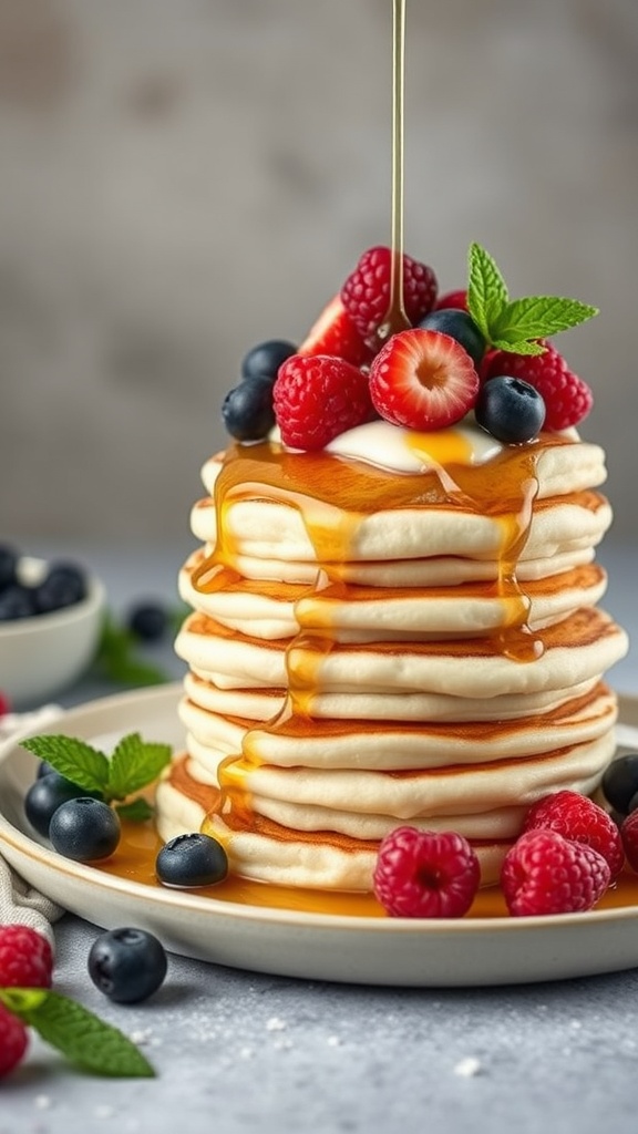 A stack of cottage cheese pancakes topped with berries and syrup.