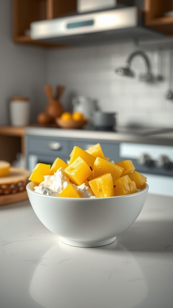 A bowl of cottage cheese topped with pineapple chunks.