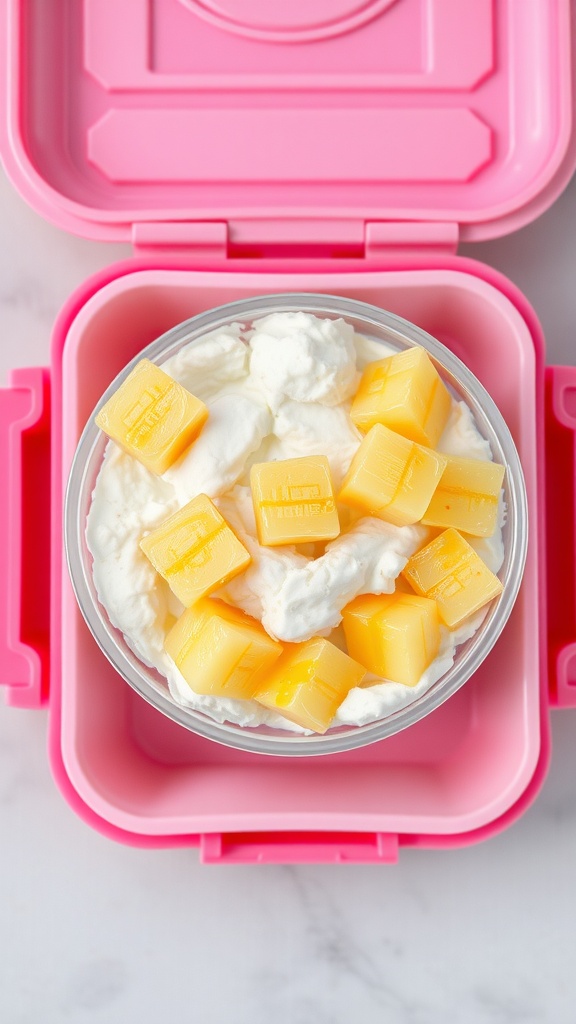 Cottage cheese topped with pineapple chunks in a pink lunchbox