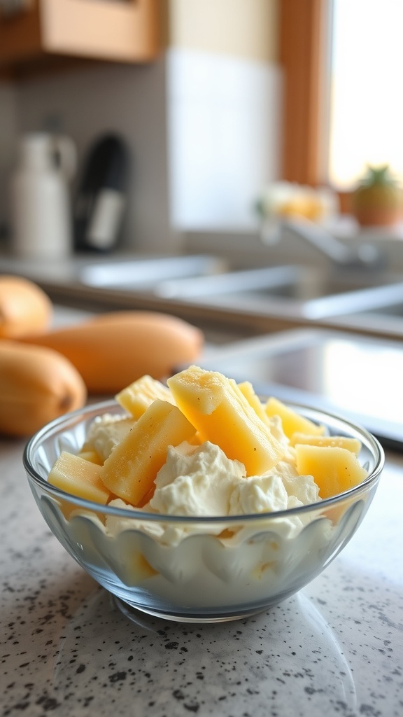A bowl of cottage cheese topped with pineapple chunks, placed on a kitchen counter.