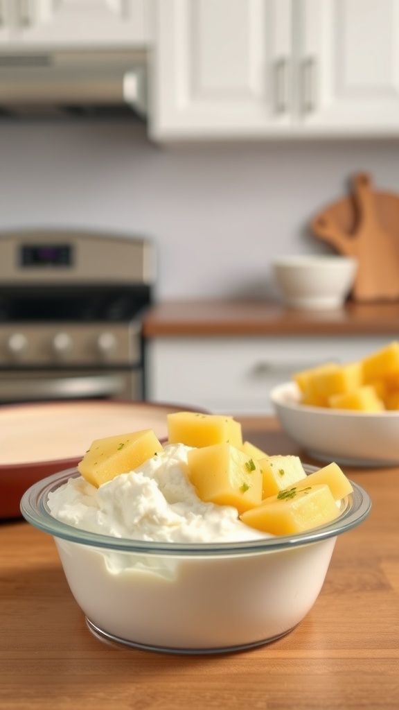 A bowl of cottage cheese topped with pineapple chunks, set in a cozy kitchen.