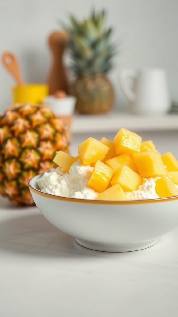 A bowl of cottage cheese topped with pineapple chunks, with a whole pineapple in the background.