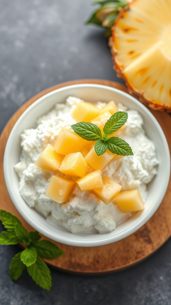 A bowl of cottage cheese topped with diced pineapple and mint leaves, with a slice of pineapple in the background.