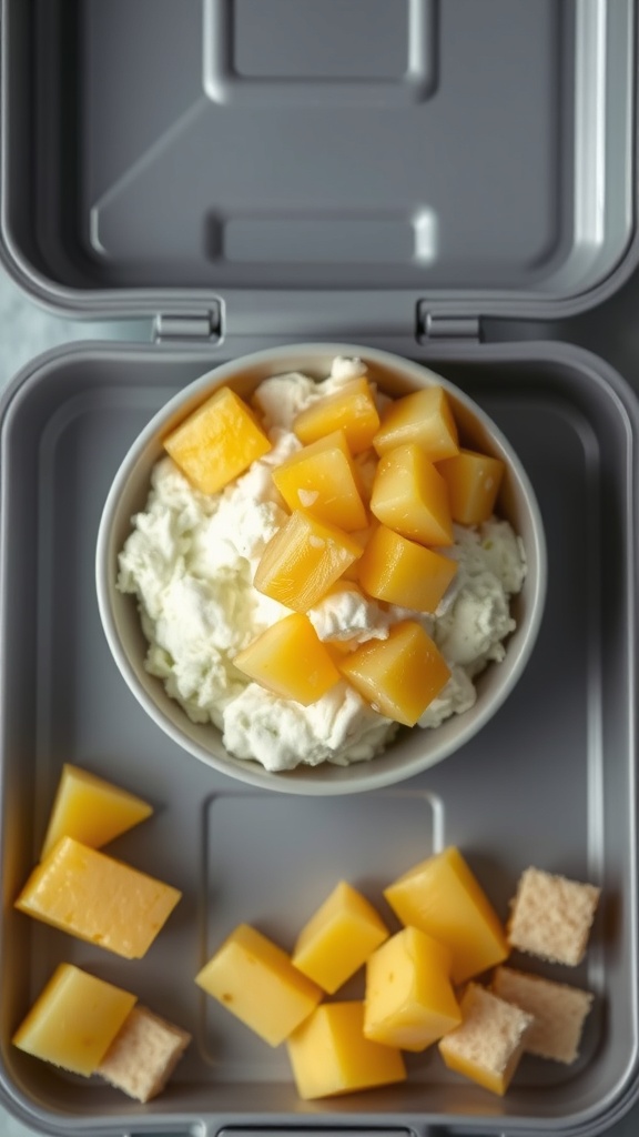 A lunchbox containing cottage cheese topped with pineapple chunks, alongside cubed cheddar cheese and whole grain crackers.