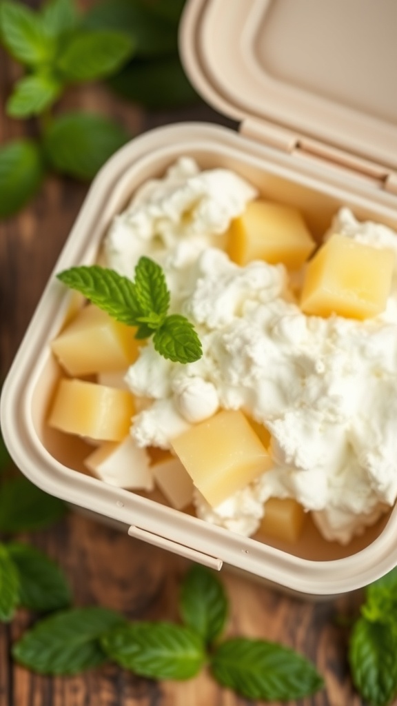 A lunchbox containing cottage cheese and pineapple chunks, garnished with a mint leaf.