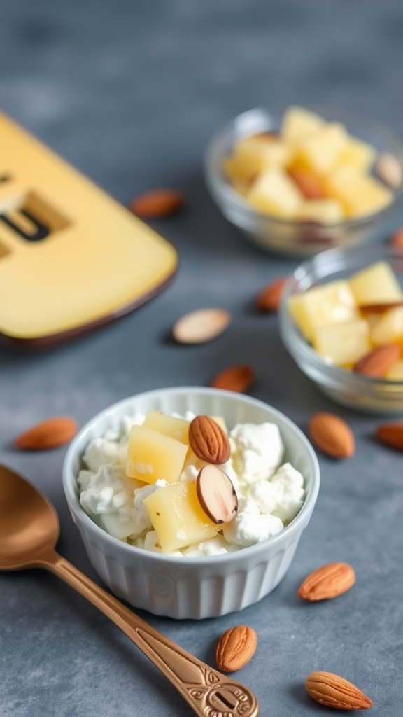 Cottage cheese with pineapple chunks and sliced almonds in a bowl