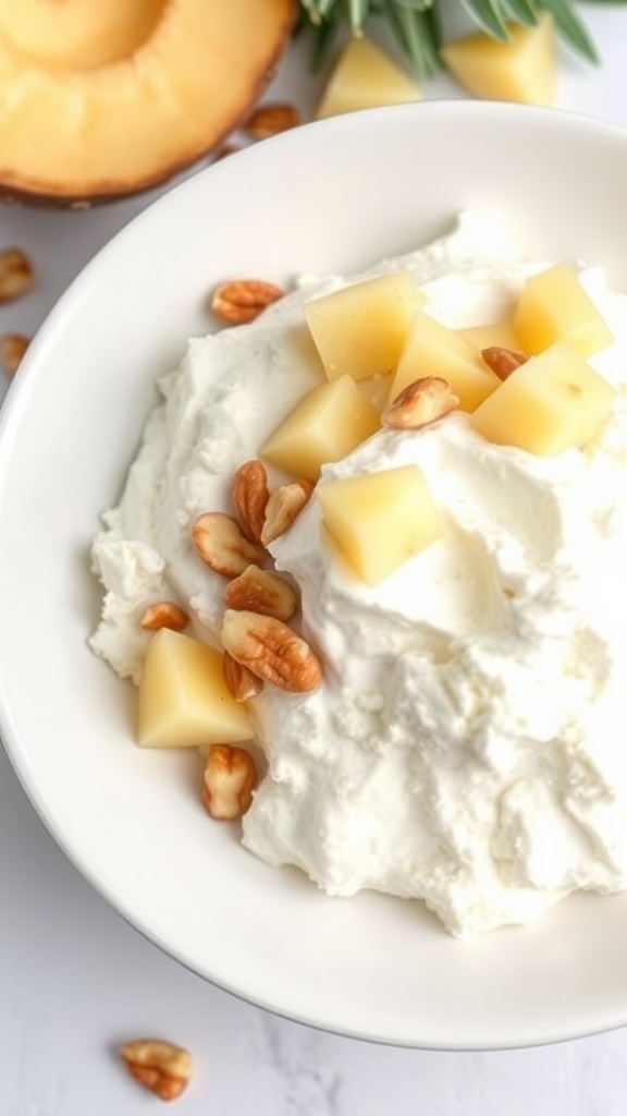 A bowl of cottage cheese topped with pineapple chunks and nuts, with a fresh pineapple in the background.