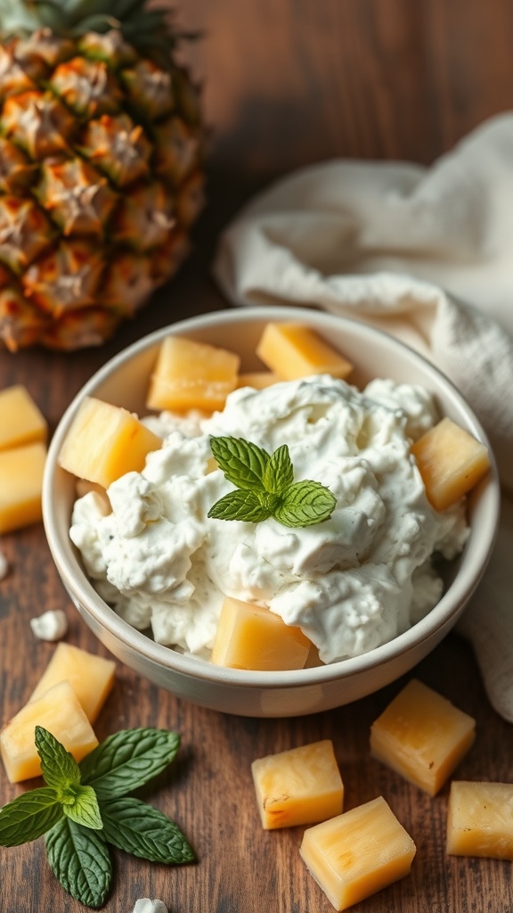 A bowl of cottage cheese topped with pineapple chunks, garnished with mint leaves, on a wooden table.