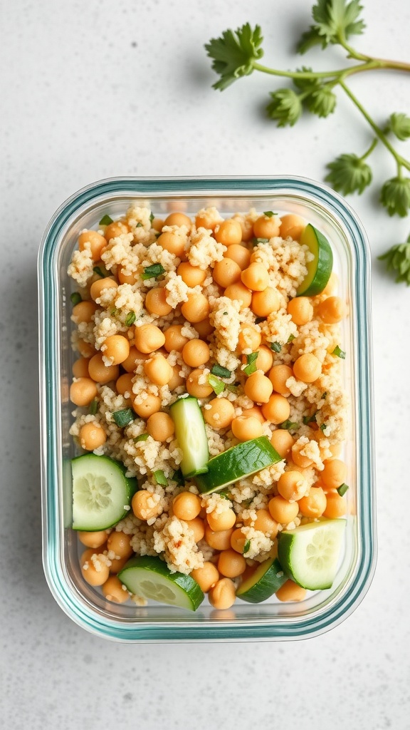 A colorful couscous salad with chickpeas and cucumbers in a glass container, garnished with fresh herbs.