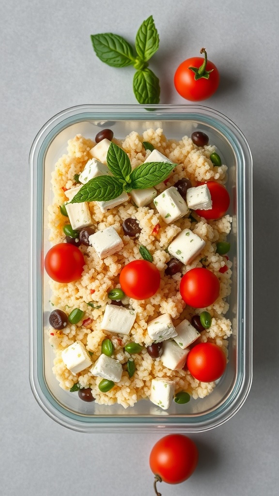 A colorful couscous salad with feta, mint, cherry tomatoes, and black beans in a meal prep container.