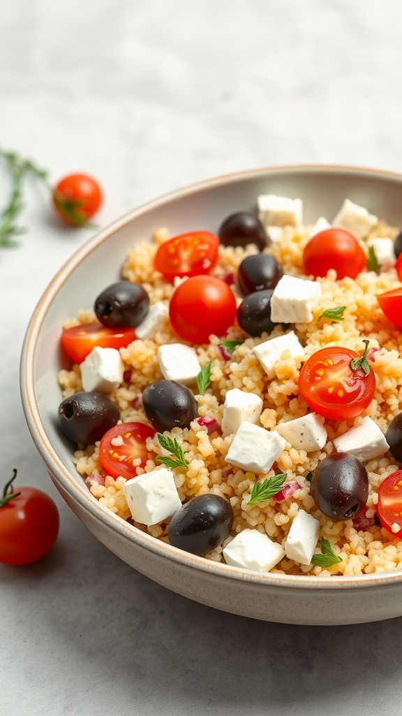 A bowl of couscous salad with cherry tomatoes, feta cheese, and olives.