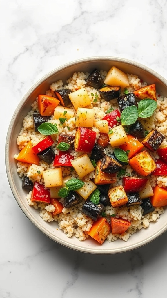 A bowl of couscous salad with roasted vegetables including bell peppers, eggplant, and potatoes, garnished with fresh herbs.