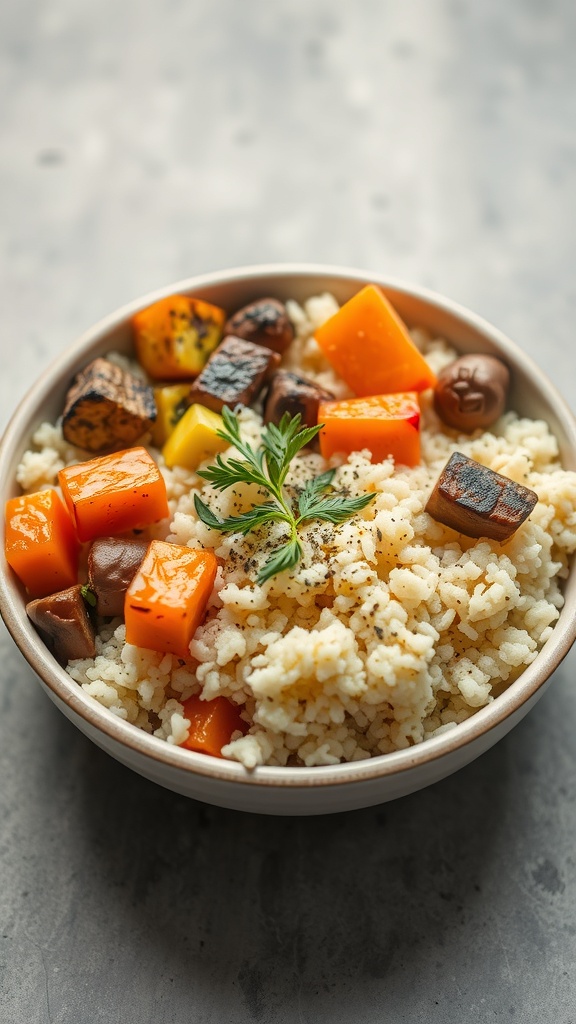 A bowl of couscous topped with colorful roasted vegetables.