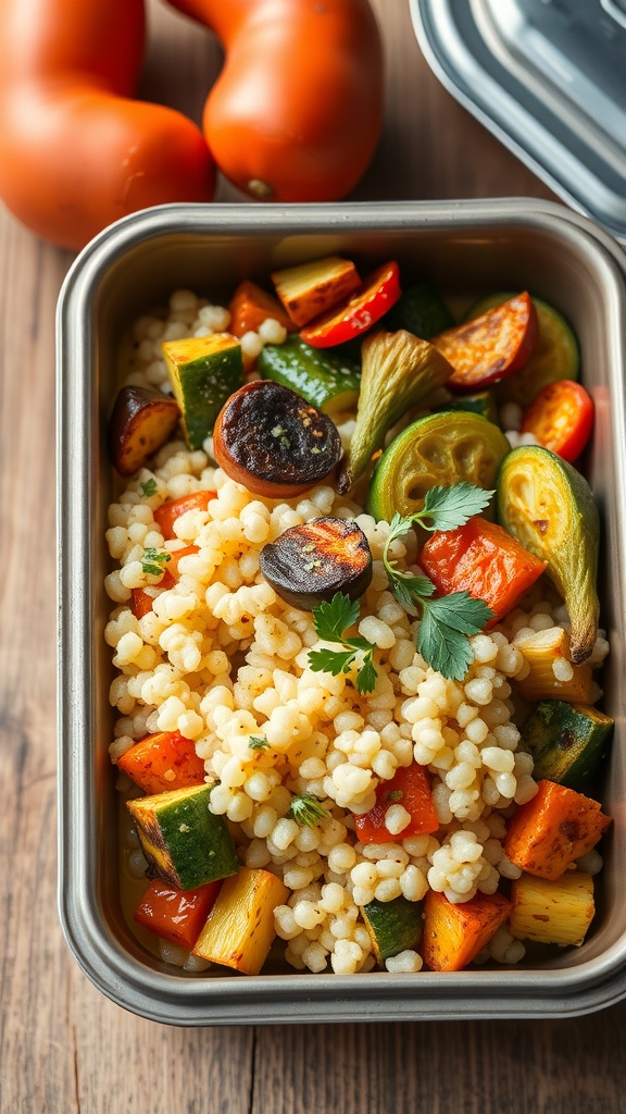 A container filled with couscous and roasted vegetables, including zucchini, bell peppers, and cherry tomatoes.