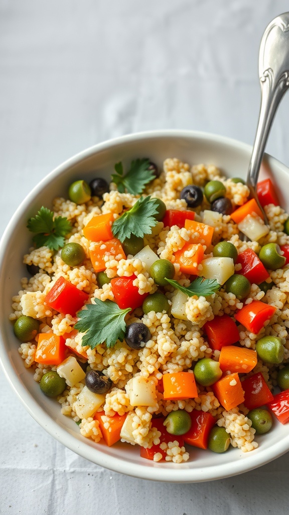 A bowl of colorful couscous with mixed vegetables, garnished with herbs.