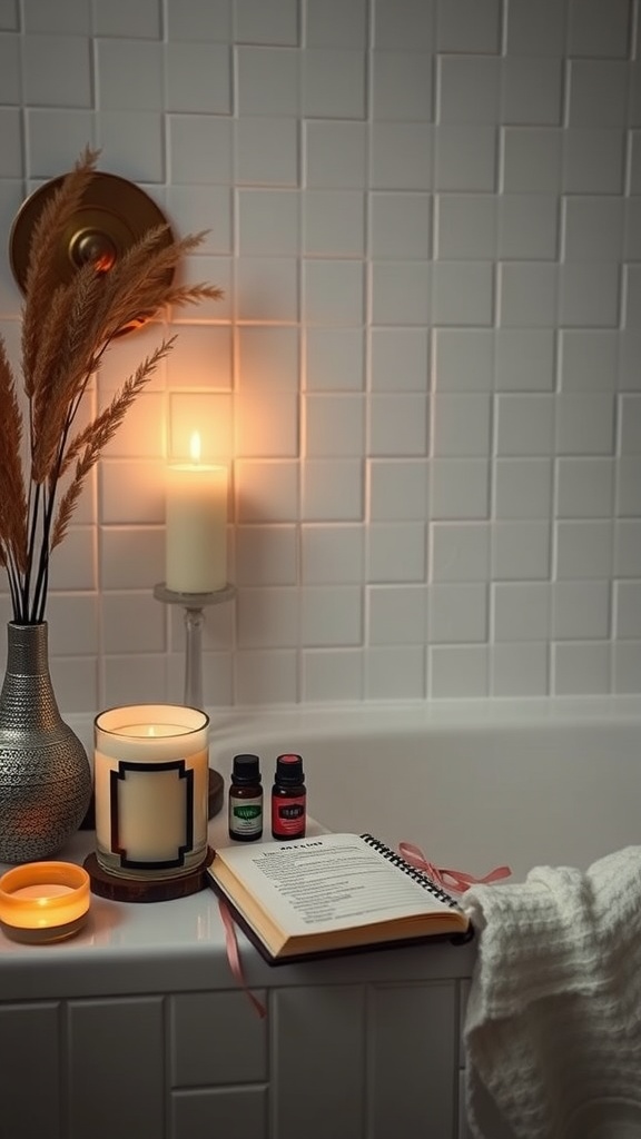 A cozy bathroom setup featuring candles, essential oils, and an open book, promoting relaxation and self-care.