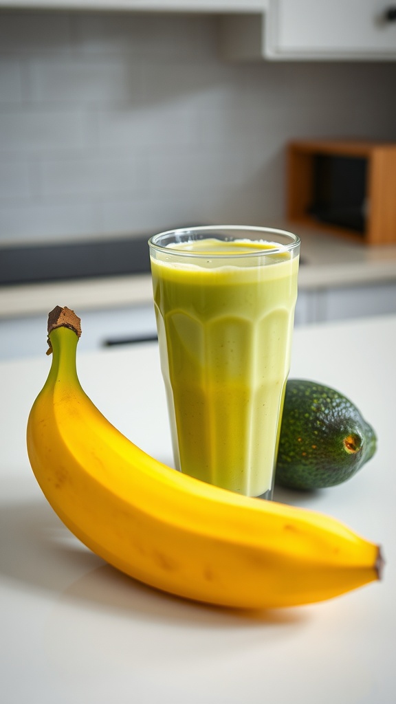 A glass of creamy avocado and banana smoothie with a banana and avocado on the side.