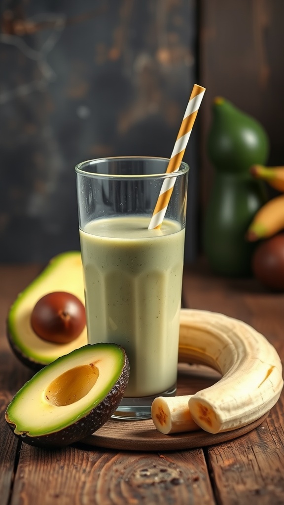 A creamy avocado and banana smoothie in a glass with a straw, surrounded by fresh avocado and banana.