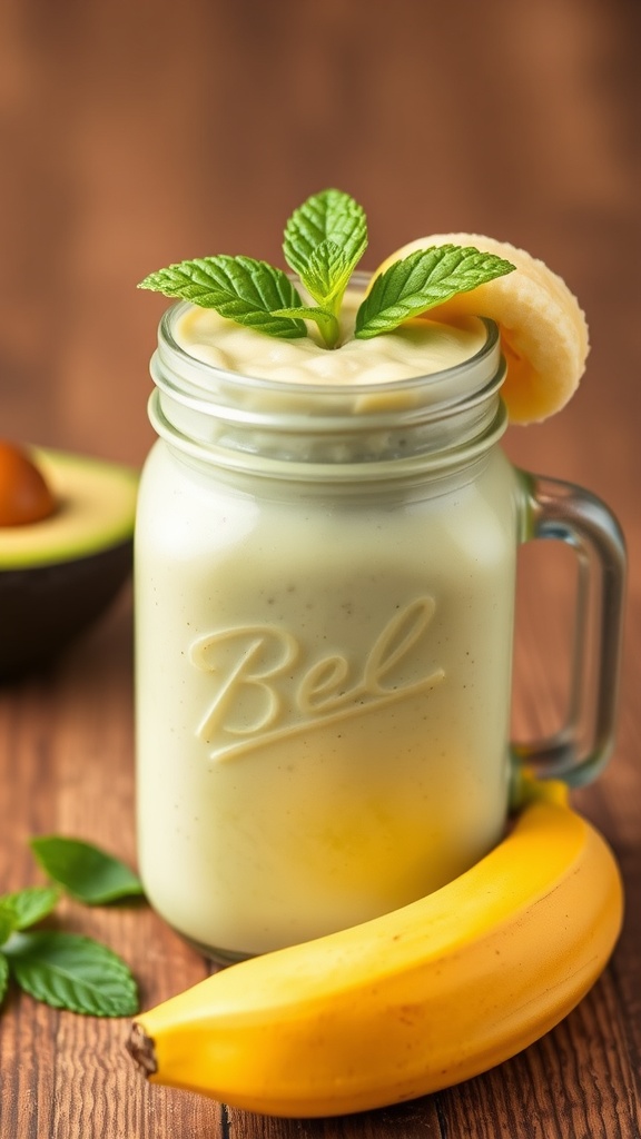 Creamy avocado and banana smoothie in a mason jar with banana and mint leaves
