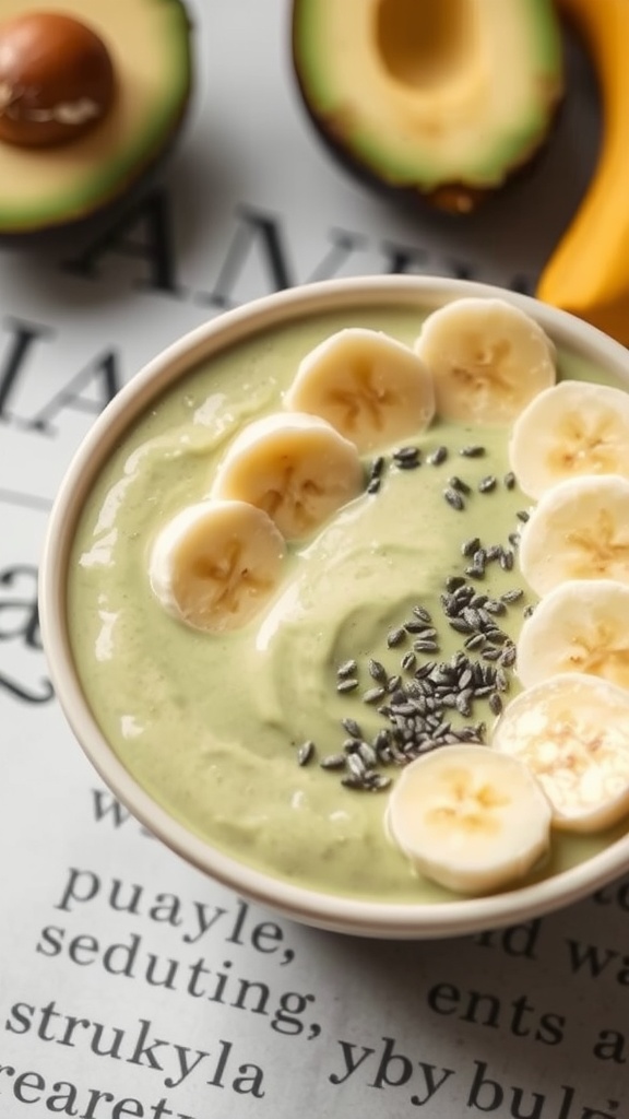 A creamy avocado and banana smoothie topped with banana slices and chia seeds.