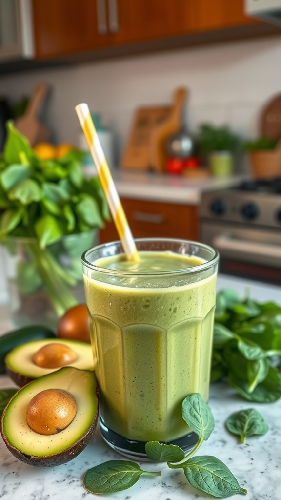 A creamy avocado and spinach smoothie in a glass with a straw, surrounded by fresh ingredients.