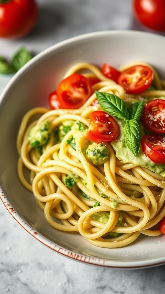 Creamy avocado and tomato pasta with cherry tomatoes and fresh basil
