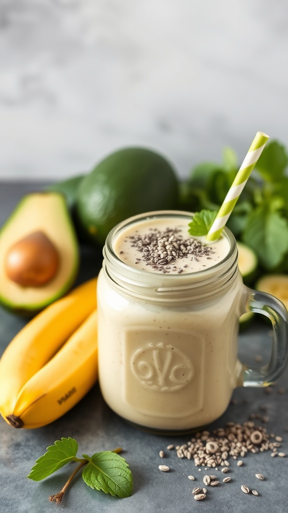 A creamy avocado banana shake in a glass, garnished with chia seeds.