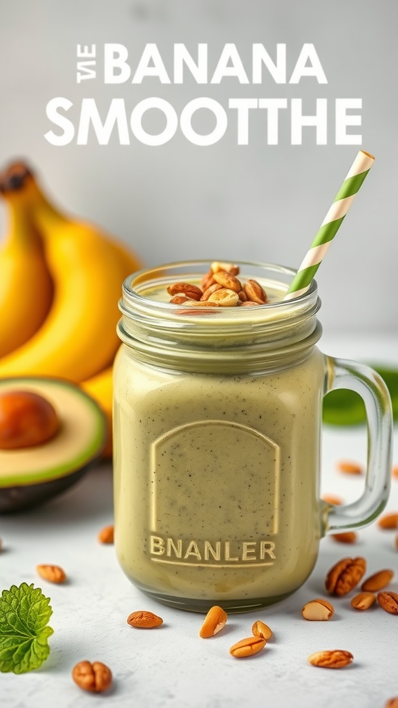 A creamy avocado banana smoothie in a jar with a straw, surrounded by bananas, mint leaves, and nuts.