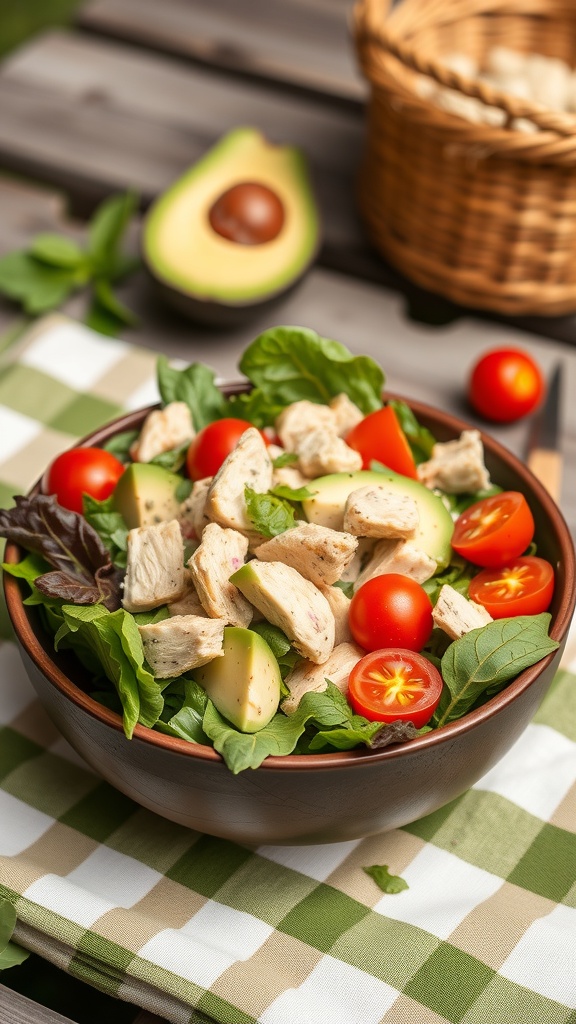 A bowl of creamy avocado chicken salad with cherry tomatoes, cucumber, and mixed greens.