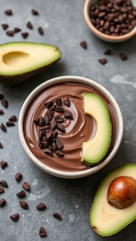 Creamy avocado chocolate mousse in a bowl with avocado slices and chocolate chips on top