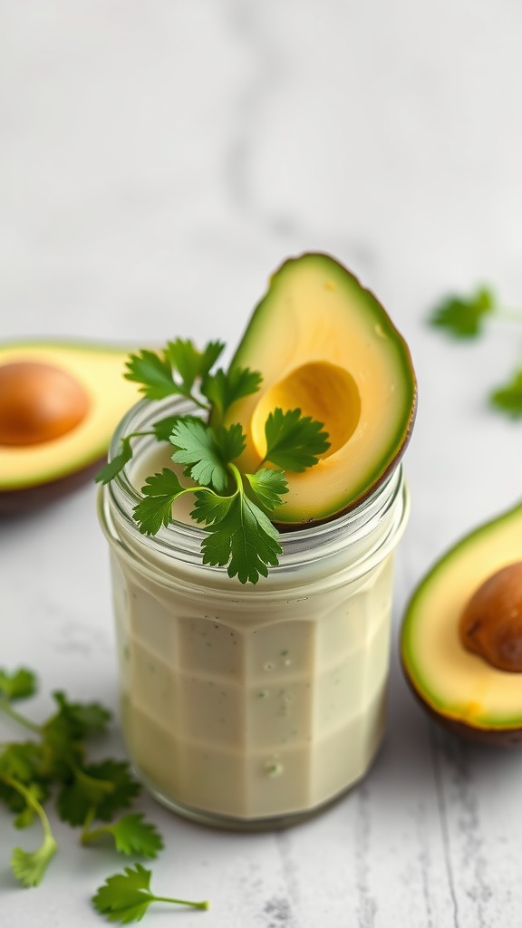 A jar of creamy avocado cilantro dressing topped with a cilantro sprig and a halved avocado.