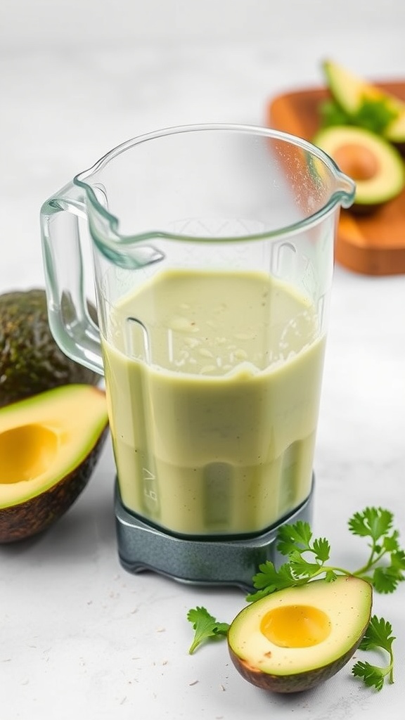 Creamy Avocado Cilantro Dressing in a measuring jug