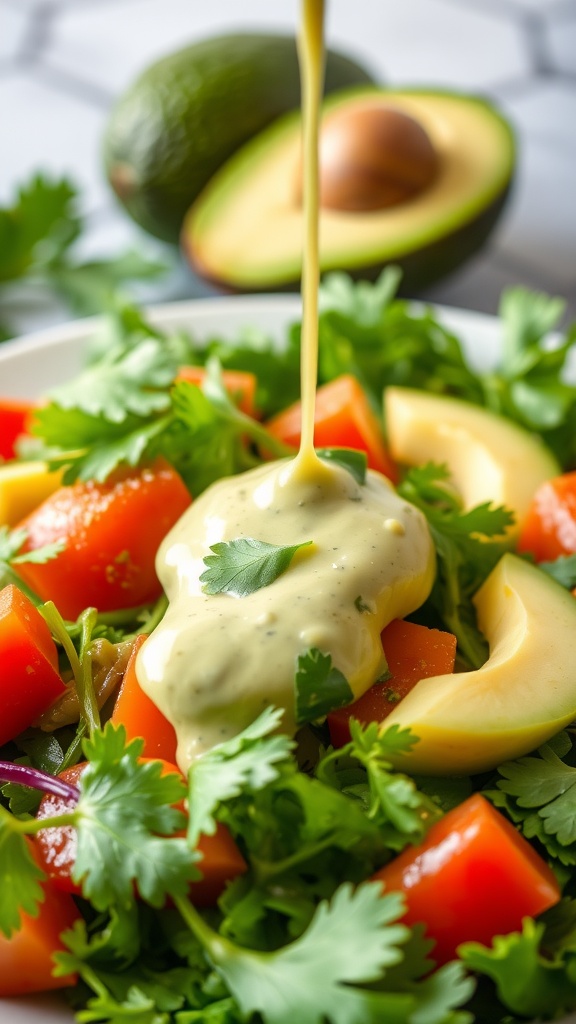 A bowl of fresh salad topped with creamy avocado cilantro dressing, garnished with cilantro.