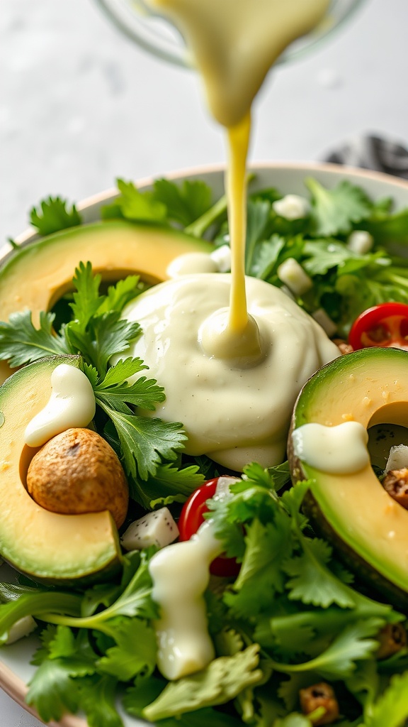 Creamy avocado cilantro dressing being poured over a salad.